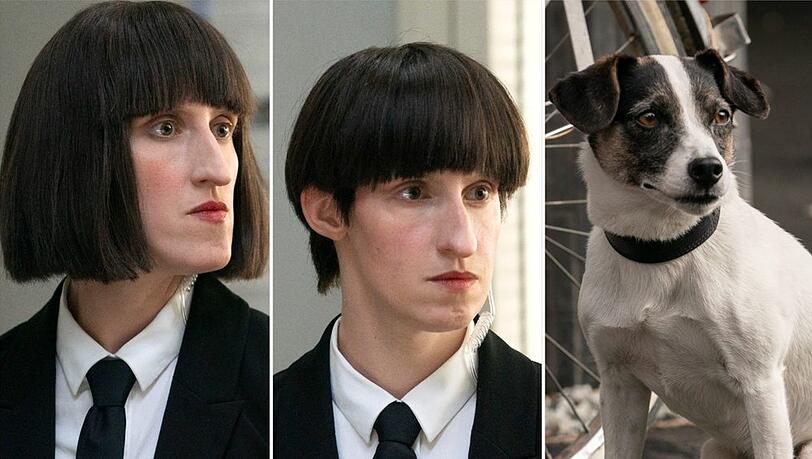 Frau Mann (Daniela Reichert), Herr Muster (Melanie Reichert) und Hund Banane (Fiete) im "Tatort: Propheteus".
