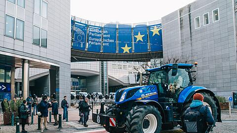 Demonstranten und Bereitschaftspolizei stehen vor dem Eingang des Europ&auml;ischen Parlaments.