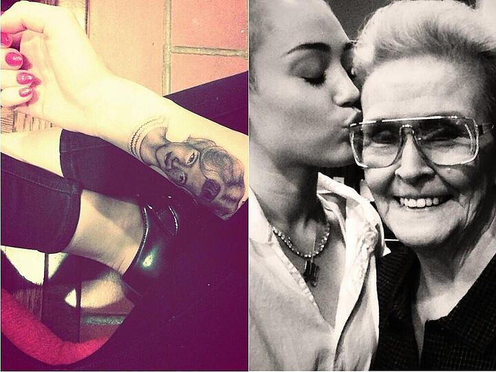 Aus Liebe zu ihrer Oma (r) ließ sich Miley Cyrus ihre Großmutter auf den Unterarm tätowieren