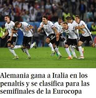 Die spanische El Pais schreibt: "Deutschland gewinnt gegen Italien im Elfmeterschießen und qualifiziert sich für das EM-Halbfinale"