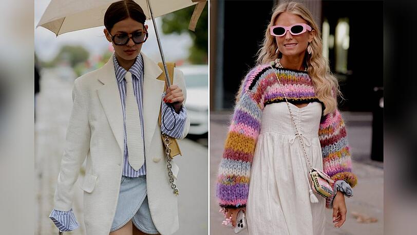 Bei den Fashion Shows zu den Spring-/Sommer-Collections 2024 zeigten sich einige Besucherinnen bereits in stylischen Pastellstreifen-Outfits.