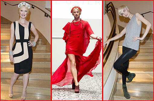 Rote Robe und Blumenkranz im blonden Haar: Bei seiner Modenschau zeigt der junge Münchner Designer Marcel Ostertag seine Kreationen - und präsentiert sie als Model gleich selbst. Prominente Gäste sind Mirja Du Mont und Anika Scheibe.