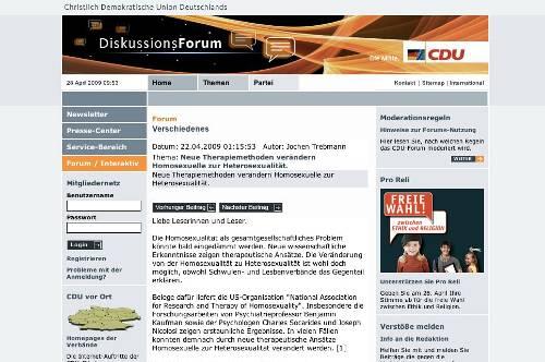 Auf der offiziellen Homepage der CDU dürfen Extremisten von einer Welt ohne Homosexuelle träumen.
