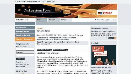 Auf der offiziellen Homepage der CDU dürfen Extremisten von einer Welt ohne Homosexuelle träumen. Auf der offiziellen Homepage der CDU dürfen Extremisten von einer Welt ohne Homosexuelle träumen.