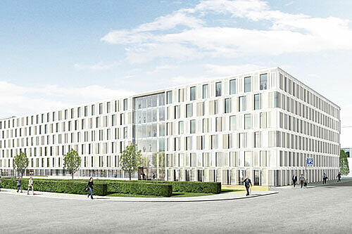 Dieses Bürogebäude sollte auf der Westseite entstehen, so plante es das Architektenbüro &bdquo;Allmann, Sattler, Wappner&ldquo;.