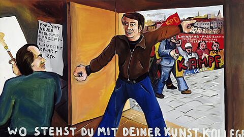Für Immendorff war das Malen auch eine hochpolitische Angelegenheit, das zeigt die Arbeit &bdquo;Wo stehst du mit deiner Kunst, Kollege&ldquo; von 1973.