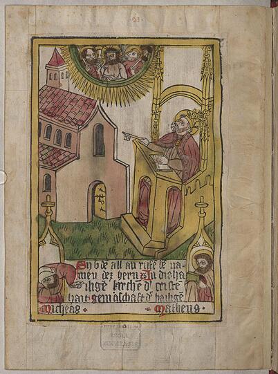 Der neunte apostolische Glaubensartikel zur Kirche und der Gemeinschaft der Heiligen im Blockbuch des "Credo", entstanden um 1450.