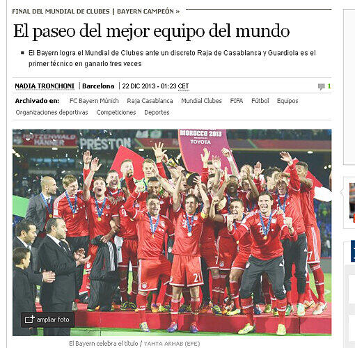 Auch die größte spanische Zeitung - die El País - berichtet über den Sieg des FC Bayern und kürt sie ebenfalls zur "besten Mannschaft der Welt".