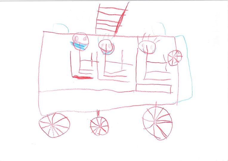 "Hallo liebe Feuerwehr,
ich habe euch ein Feuerwehrauto mit Drehleiter gemalt. Die Männer fahren gerade zu einem Einsatz." (M., 6 Jahre)