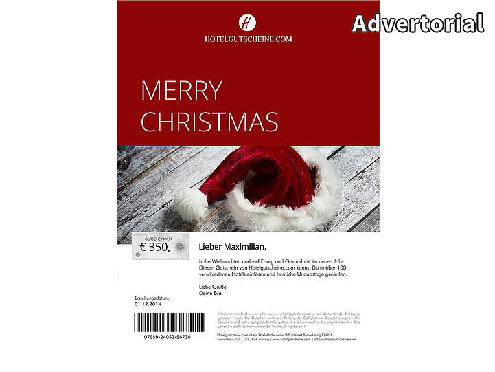 Ein ideales Weihnachtsgeschenk: Wertgutschein von hotelgutscheine.com