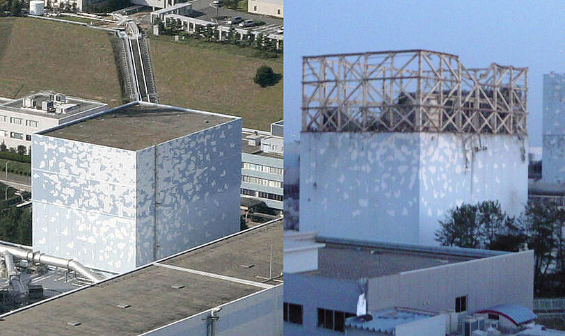 Das Kernkraftwerk in Fukushima vor und nach der Explosion.