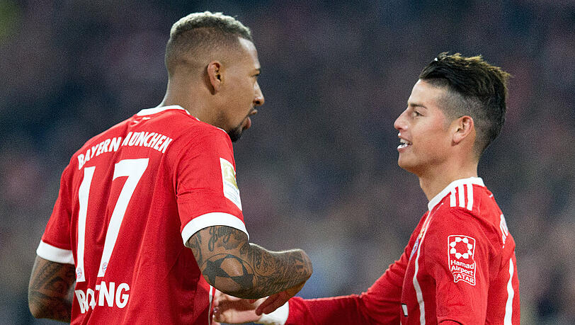 Gegen Hertha BSC außen vor: Jérôme Boateng (links) und James Rodríguez. Gegen Hertha BSC außen vor: Jérôme Boateng (links) und James Rodríguez.