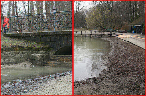 Modrig und schlammig: Beim Kleinhesseloher See wurde Wasser abgelassen, damit ein Bootssteg erneuert werden kann. Den Münchnern stinkt's gewaltig - am schönen Frühlingswochenende gab's hier kein Frischlufterlebnis.