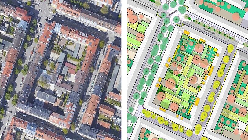 Die Maxvorstadt heute (links die Augusten-, oben die Theresien-, unten die Steinheilstraße) hat nur neun Prozent Grünanteil. Um für Hitzesommer gerüstet zu sein, müsste sich der Grünanteil auf 25 Prozent mehr als verdoppeln. Ein Großteil wären neue Baumpflanzungen in den Straßen (Grafik rechts). Obendrein könnten viele Innenhöfe entsiegelt und Dächer begrünt werden. Die Maxvorstadt heute (links die Augusten-, oben die Theresien-, unten die Steinheilstraße) hat nur neun Prozent Grünanteil. Um für Hitzesommer gerüstet zu sein, müsste sich der Grünanteil auf 25 Prozent mehr als verdoppeln. Ein Großteil wären neue Baumpflanzungen in den Straßen (Grafik rechts). Obendrein könnten viele Innenhöfe entsiegelt und Dächer begrünt werden.