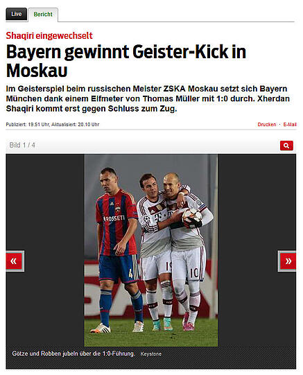 Auch beim Schweizer Online-Portal des "Blick" wird das Zuschauerverbot thematisiert: "Bayern gewinnt Geister-Kick in Moskau"