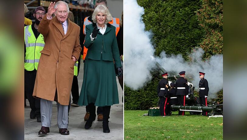 Charles und Camilla besuchten Oxfordshire, während Salutschüsse wie hier in Cardiff in Wales abgefeuert wurden.