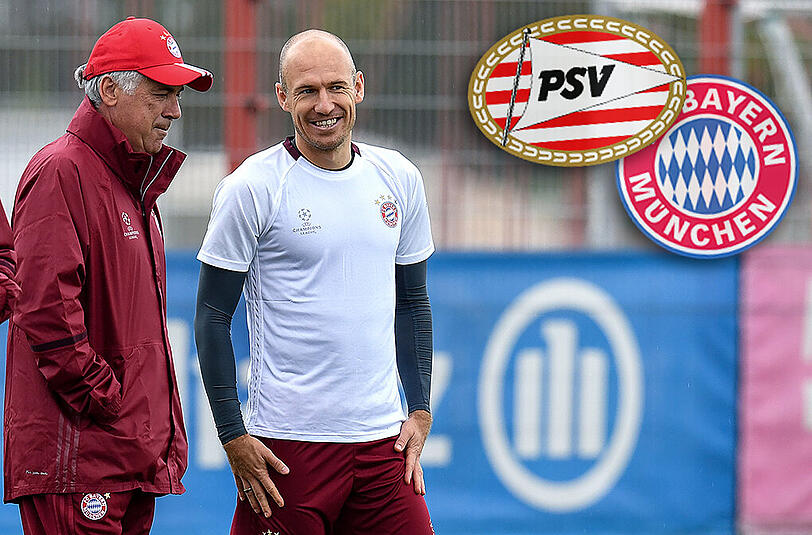 Sprechen am Montagabend über das Champions-League-Rückspiel gegen die PSV Eindhoven: Carlo Ancelotti und Arjen Robben.