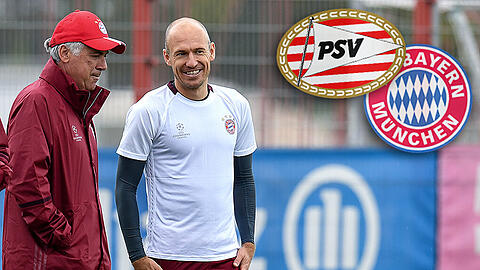 Sprechen am Montagabend über das Champions-League-Rückspiel gegen die PSV Eindhoven: Carlo Ancelotti und Arjen Robben.