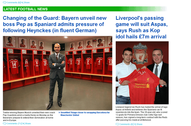 Der Daily Mail titelt: "Wachablösung: Die Bayern präsentieren den neuen Boss Pep als Spanier der den Druck als Heynckes-Nachfolger zugibt ( in fließendem Deutsch). Und in einem anderen Artikel: &bdquo;Bayern stellt seinen neuen Trainer Guardiola mit 
großem Medienrummel vor. Sie wollen weiter Deutschland und Europa 
beherrschen.&ldquo;