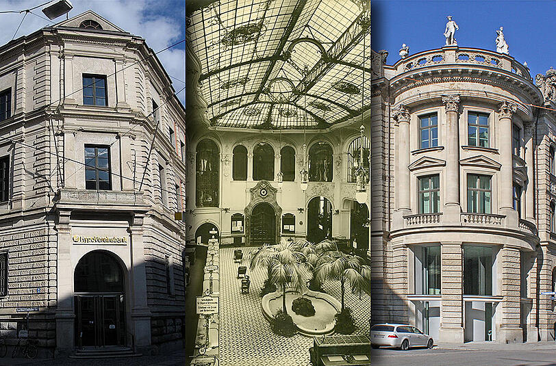 Vorgängerinstitute der HypoVereinsbank: die Bayerische Vereinsbank (hier die Filiale in der Kardinal-Faulhaber-Straße), die Hypobank (hier die prunkvolle Schalterhalle in der Theatinerstraße von 1898, die im Krieg zerstört wurde) und die Bayerische Staatsbank an der Prannerstraße.