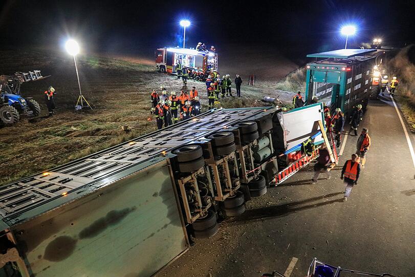 In Unterfranken kam es in der Nacht auf Dienstag zu einem schlimmen Unfall mit einem Viehtransporter - die Bilder.