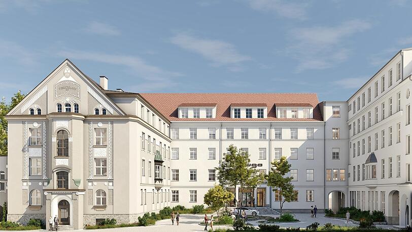 So soll es ausschauen, wenn es fertig ist: das neue Bruckmann Quartier mit dem denkmalgeschützten Bau (l.) von Martin Dülfer (1897–1898).