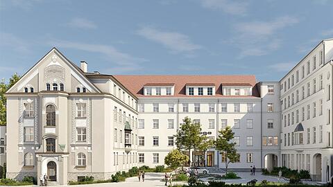 So soll es ausschauen, wenn es fertig ist: das neue Bruckmann Quartier mit dem denkmalgeschützten Bau (l.) von Martin Dülfer (1897–1898).