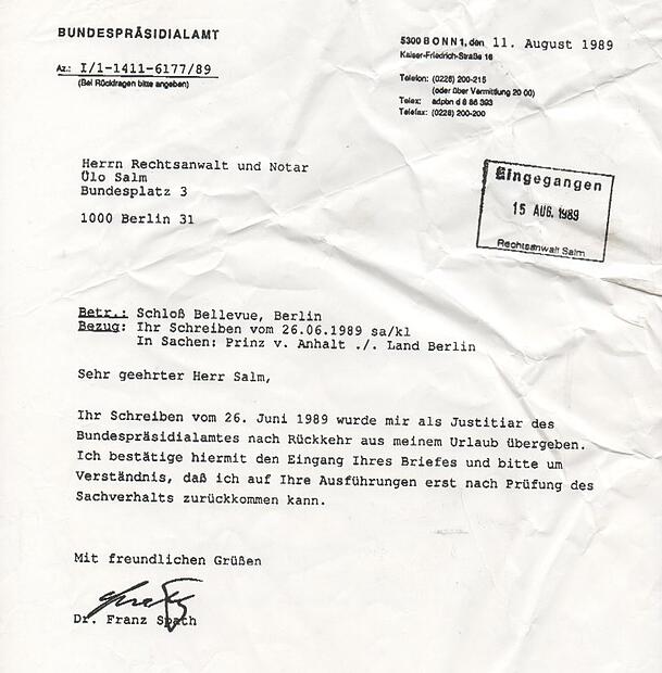 Das Bundespräsidialamt bestätigte Anhalts Anwalt den Eingang der Bellevue-Angelegenheit.