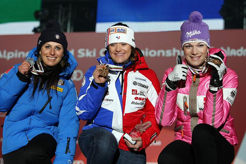 10.02.2013 Höfl-Riesch gewinnt Bronze in der WM-Abfahrt von Schladming. Dazu gibt es in Österreich eine Medaille mit der Mannschaft.