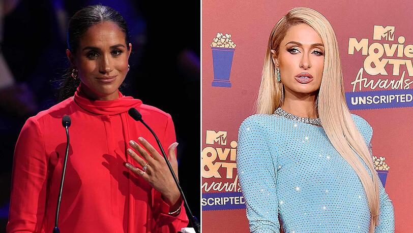 Herzogin Meghan (l.) hatte in ihrem Podcast Paris Hilton zu Gast.