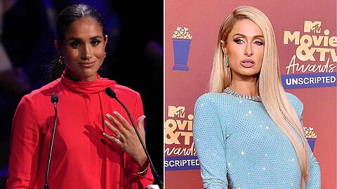 Herzogin Meghan (l.) hatte in ihrem Podcast Paris Hilton zu Gast.