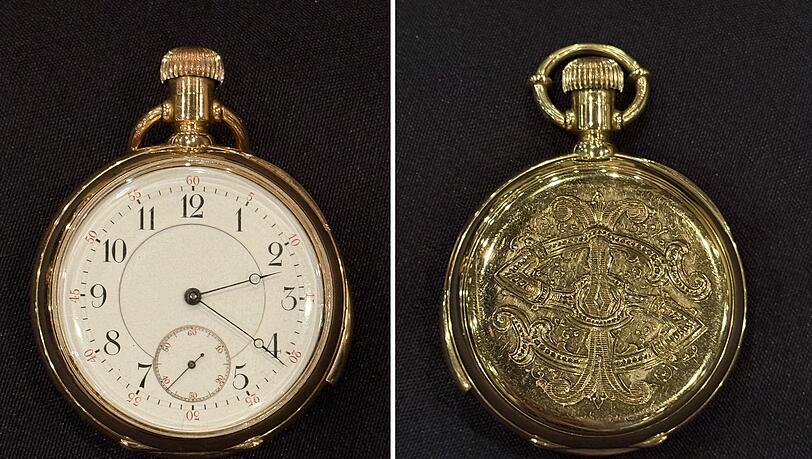 Eine goldene Titanic-Taschenuhr wurde für den Rekordpreis von mehr als 2 Millionen Euro versteigert. (Handout) Eine goldene Titanic-Taschenuhr wurde für den Rekordpreis von mehr als 2 Millionen Euro versteigert. (Handout)