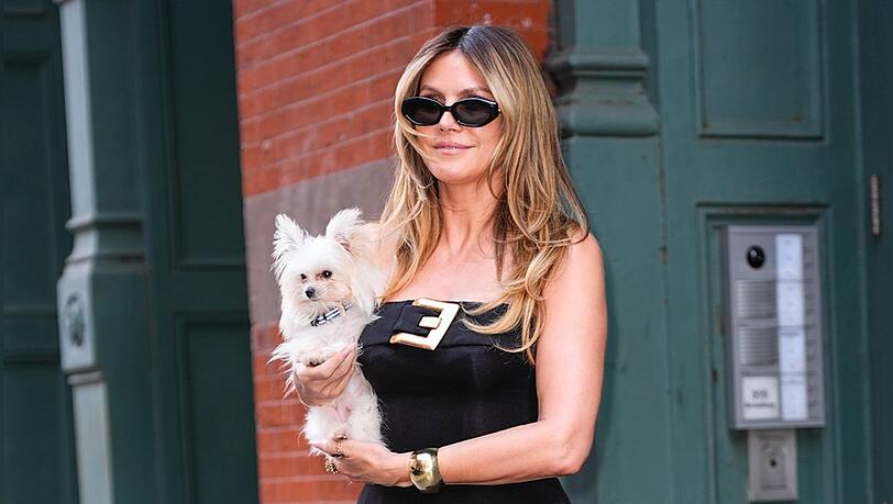 Heidi Klum nimmt ihren neuen Hund Fritz &uuml;berall mit hin - hier in den Stra&szlig;en von New York am 9. April 2026.