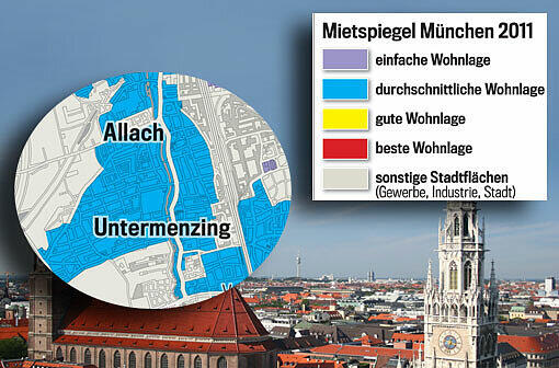 Die Lage macht&rsquo;s: Je nach farblicher Markierung fällt auch die Grundmiete unterschiedlich hoch aus. Der Mietspiegel gilt ab 20. März 2013. Wohnen Sie in bester Lage? Einfach weiterklicken!