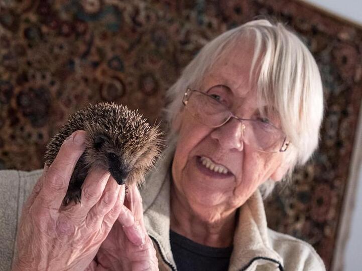 Ingeborg Bauermeister hält einen kleinen Igel.