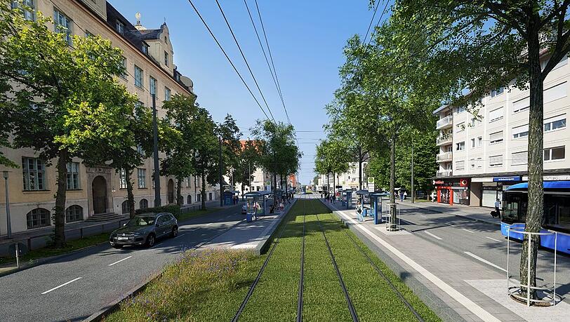 So soll die Fürstenrieder Straße einmal aussehen, wenn dort die Tram fährt. Doch bis jetzt ist dort noch Baustelle.