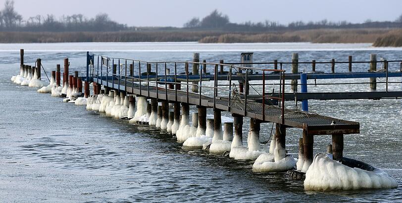 Im Boddenhafen des Ostseebades Dierhagen (Mecklenburg-Vorpommern) hat sich eine erste Eisschicht gebildet.