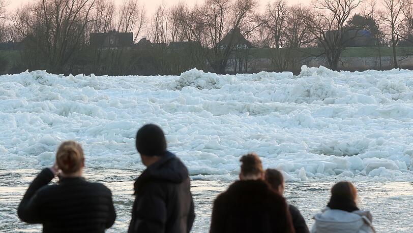 Zahlreiche Menschen nutzten das Wochenendende, um an der Elbe ein seltenes Naturspektakel zu bewundern: Eisberge auf dem Fluss.