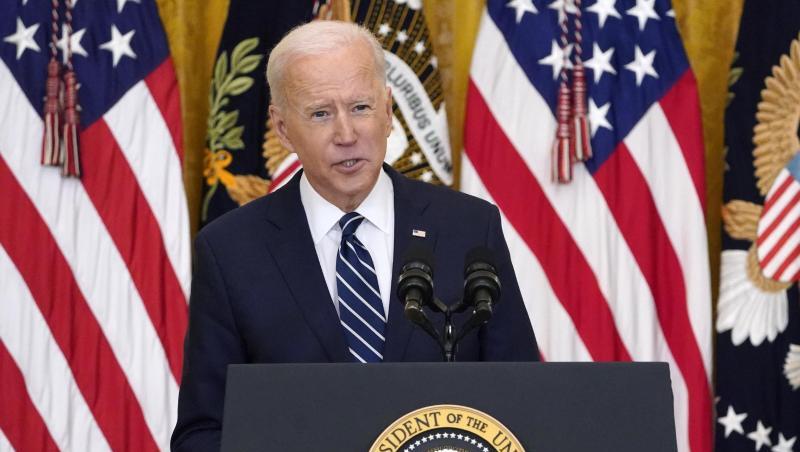 US-Präsident Joe Biden spricht bei der ersten formellen Pressekonferenz seiner Amtszeit im East Room des Weißen Hauses.
