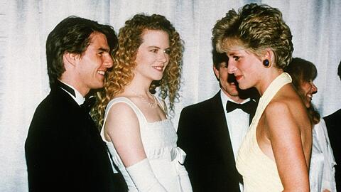 Tom Cruise mit seiner damaligen Partnerin Nicole Kidman und Prinzessin Diana (re.) in London.