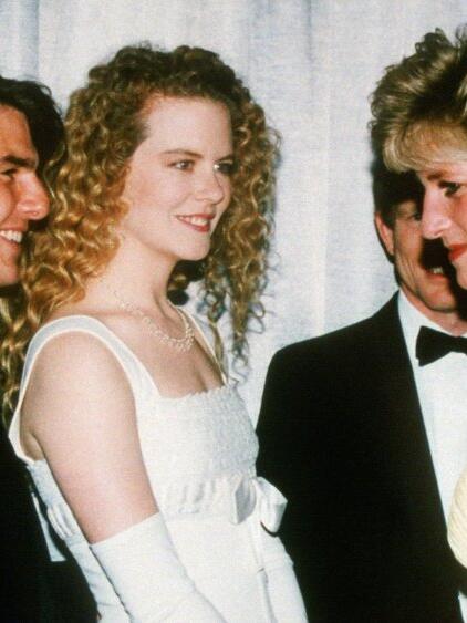 Tom Cruise mit seiner damaligen Partnerin Nicole Kidman und Prinzessin Diana (re.) in London.