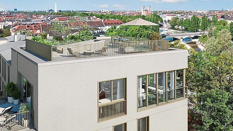 Blick &uuml;ber die Isar und die Au. Ein Penthouse ist das Highlight des Projektes.  Visualisierung: Monvest