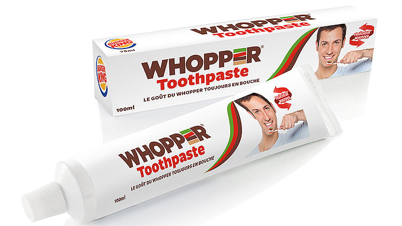 Die "Whopper"-Zahnpasta von Burger King. Angeblich kommt sie in den nächsten Tagen auf den Markt.
