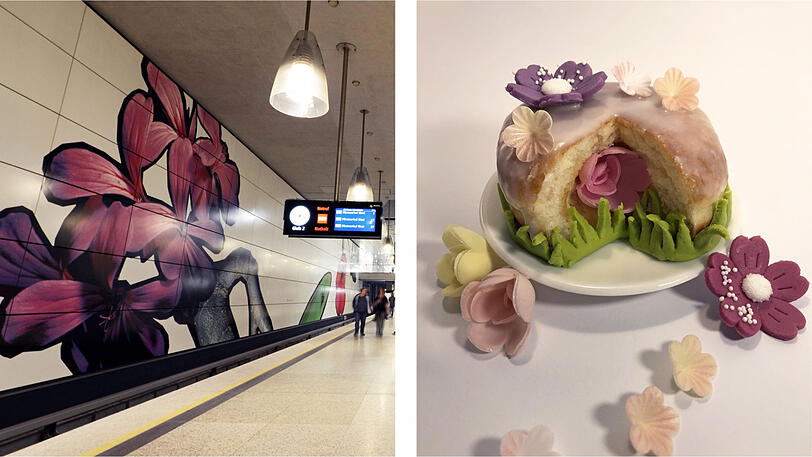 "Lasst Blumen sprechen: Den U3-Bahnhof Moosach haben wir sehr lieblich mit Zuckerguss, lila Marzipan- und Esspapierblüten und Gras-Fondant gestaltet."