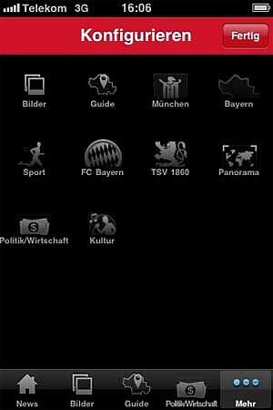Klicken Sie dazu in der Rubrik "Mehr" auf den Button "Bearbeiten". Sie finden diesen im roten, oberen Bildschirmrand ganz rechts. Tippen Sie unter "Konfigurieren" auf eine gewünschte Rubrik, also zum Beispiel FC Bayern oder TSV 1860 München" und ziehen Sie das Symbol in die Tab-Leiste. Anschließend auf "Fertig" klicken.