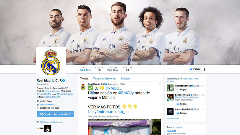 Twitter-Follower Real Madrid: 22,9 Millionen - Facebook: 101,17 Millionen - Instagram: 47,4 Millionen.
