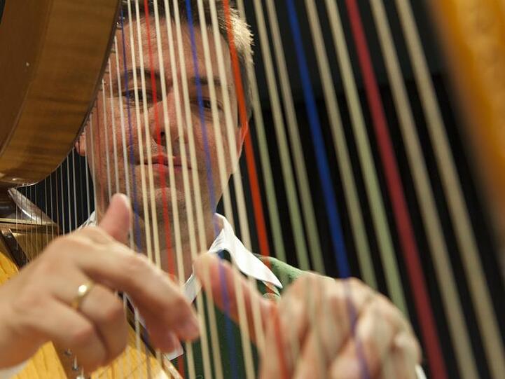 Roland Pongratz, Musikalischer Leiter der "Volksmusikakademie in Bayern" in Freyung, an der Harfe.