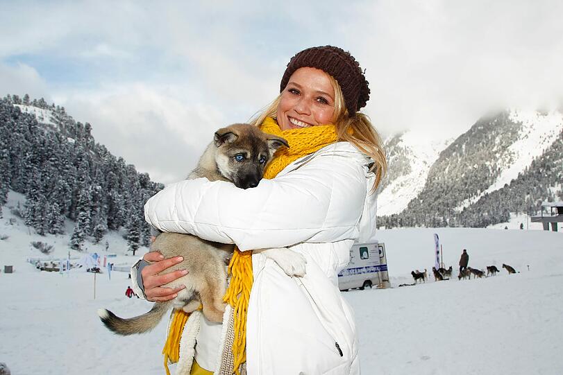 Diesem goldigen Welpen kann niemand wiederstehen: Moderatorin Nova Meierhenrich beim 4. Tirol Cross Mountain in Kühtai.
