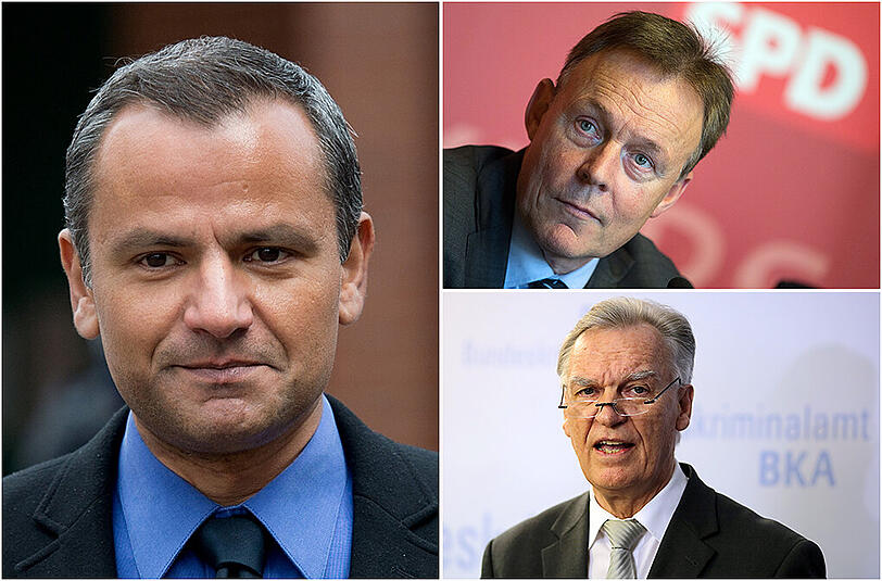In der Kinderporno-Affäre um den ehemaligen SPD-Abgeordneten Sebastian Edathy (l.) wurden zwei Telefonate zwischen SPD-Fraktionschef Thomas Oppermann (o.r.) und dem damaligen BKA-Chef Jörg Ziercke dokumentiert