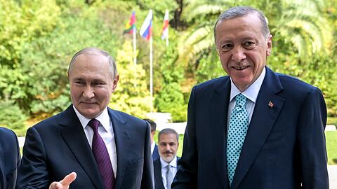 Der russische Präsident Wladimir Putin (l) begrüßt seinen türkischen Amtskollegen Recep Tayyip Erdogan in Sotschi.